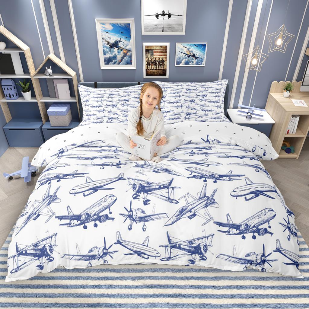 Homewish Cartoon Aircraft Train Duvet Cover Set for Children 2pcs/3pcs, Airplane Steam Engine Bedding, Transportation Bed Set