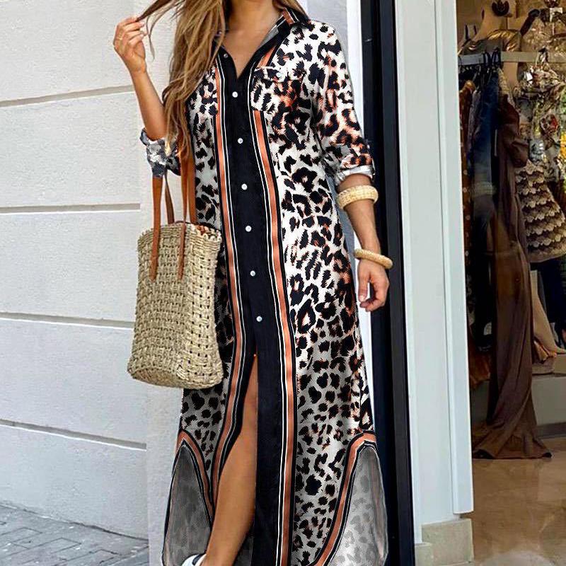 Women's Summer Leopard Shirt Dress - Long Sleeve Animal Print Midi Dress, Lightweight Resort Wear with Belt
