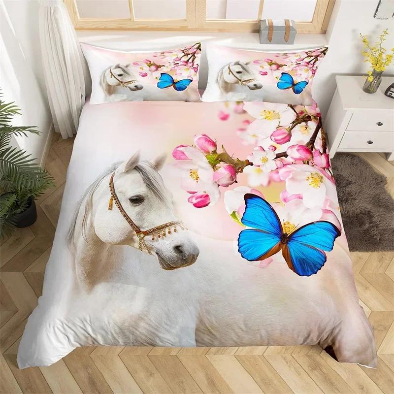 Horse Duvet Cover Butterfly Floral Comforter Cover Microfiber Western Farm Animals Bedding Set King For Kids Girls Bedroom Decor