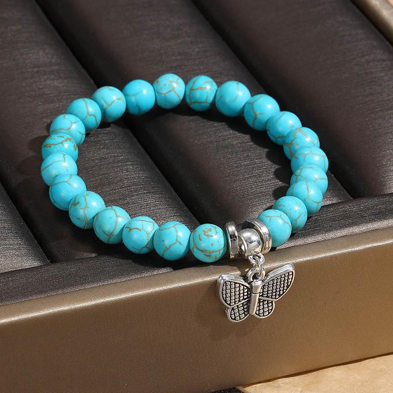 Evil Eye Charm Bracelets Owl Butterfly Starfish Braclets Lucky  Gift 8mm Synthetic Turquoise Stone Bracelet for Women Men