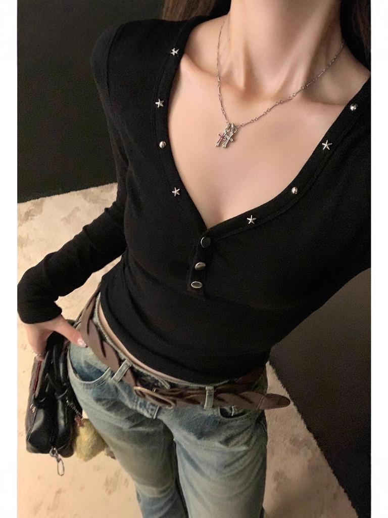 Korean Style V-Neck Button Long Sleeve Slim Fit T-Shirt for Women, Autumn 2025
