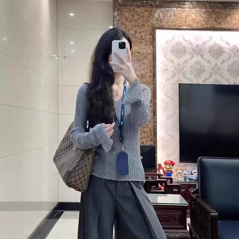 Slim-fit Gray Neck Sweater Lazy Style Knitted Sweater Spring Thin Spice Style Long-sleeved Inner Top Women