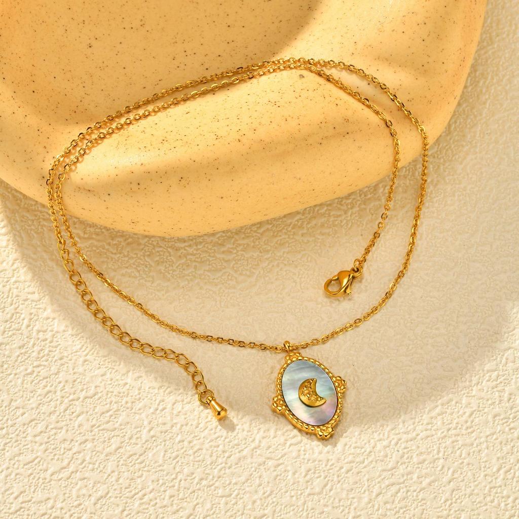 Jewelry Geometric Stainless Steel Oval Gray Shell Moon 18K Gold Pendant Necklace Female 2337