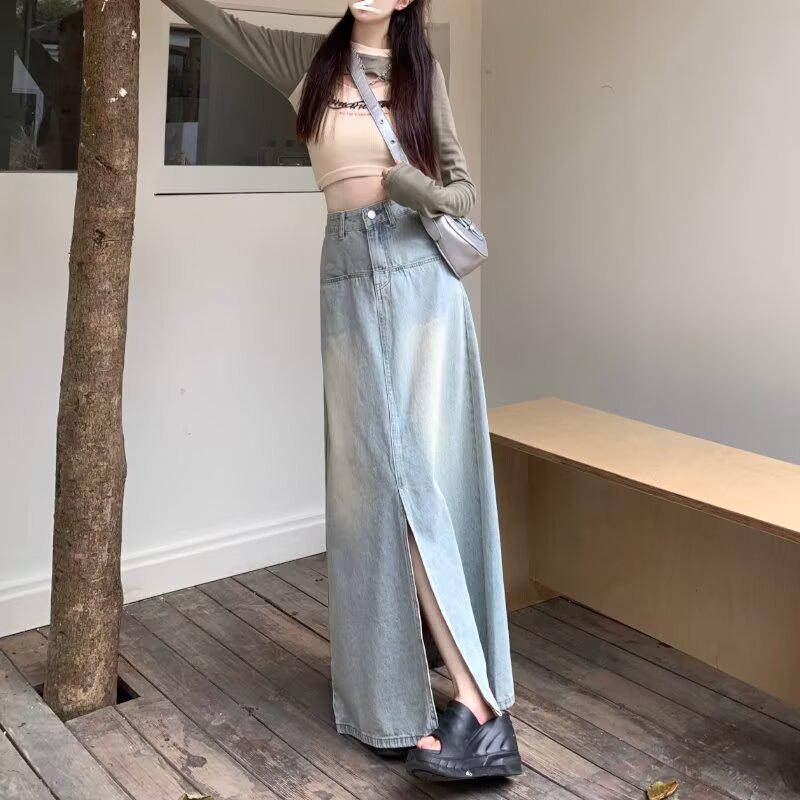 

Американская ретро синяя джинсовая миди-юбка А-силуэта с разрезом для женщин XXXL светло-синий