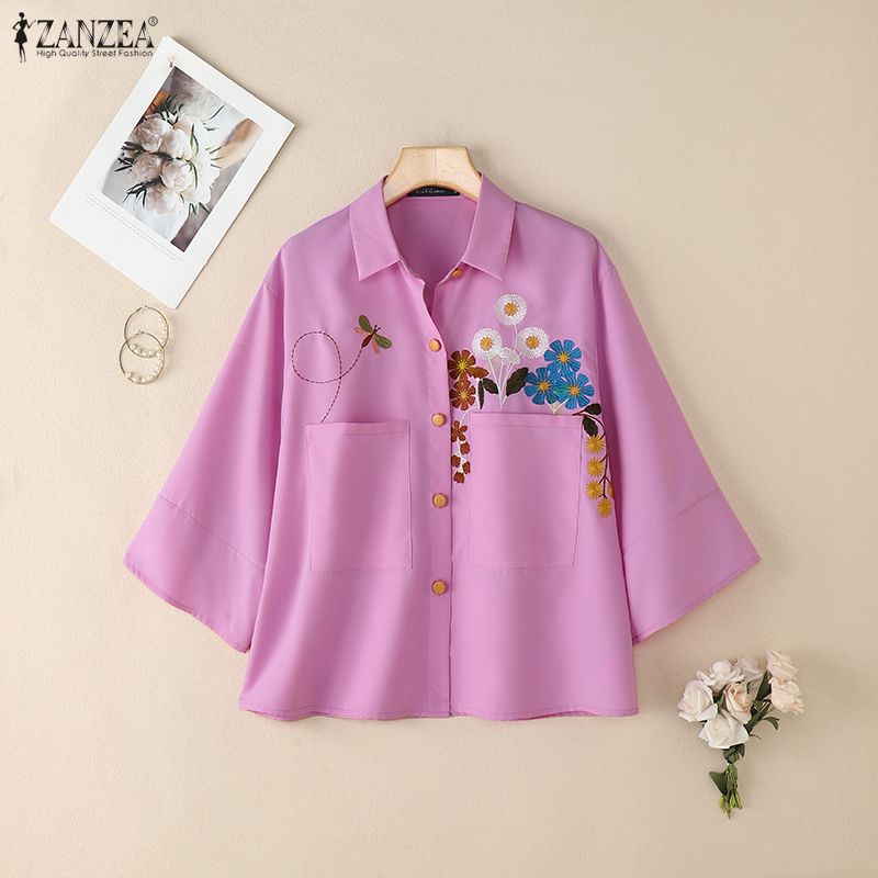 ZANZEA Women Casual Turn Down Collar Loose 3/4 Sleeve Floral Blouse