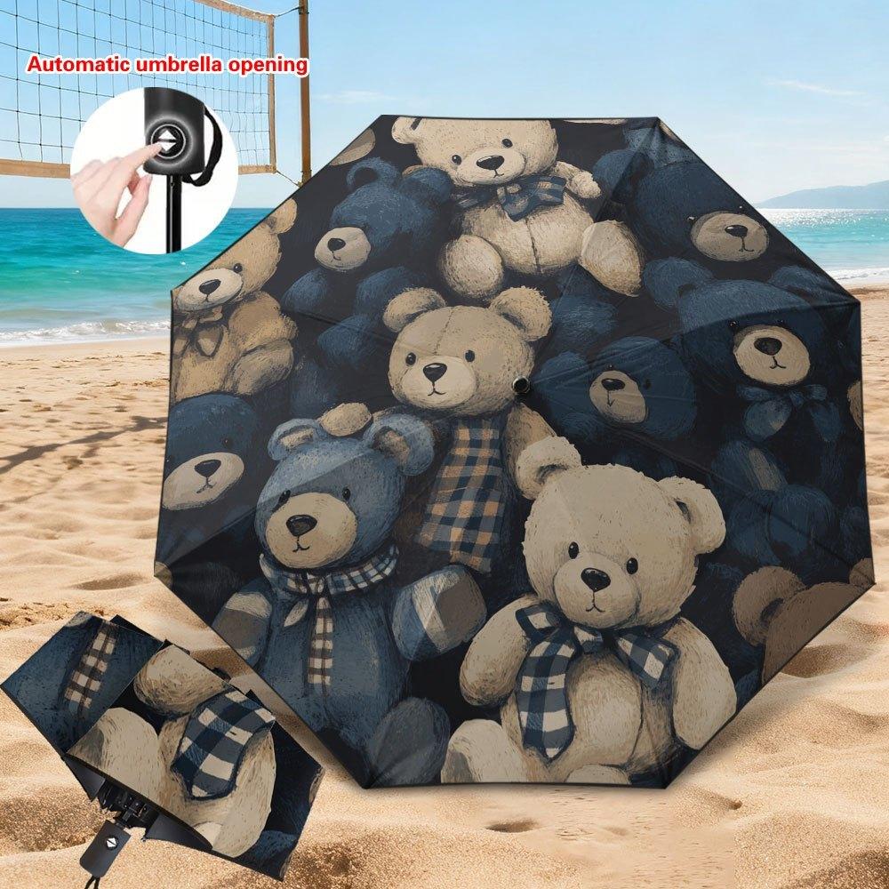 1pc Teddy Bear Automatic Folding Umbrella with Teddy Bear  Teddy Bear Design - Heavy-Duty 8-Rib Frame, Compact Portable Umbre (as the picture,Iron8K)