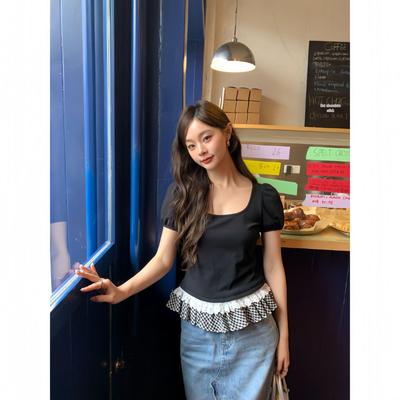 Interpret Beauty Summer 2025 Sweet Lace Trim Slimming Square Neck Short Sleeve T-Shirt S5012