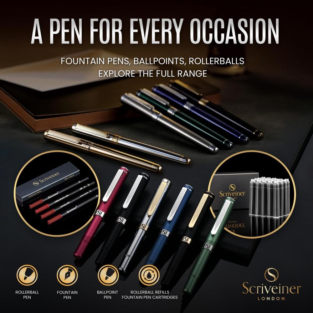 Scriveiner Black Green Fountain Pen - Stunning Luxury Pen with Chrome Finish, Schmidt Nib (Fine), Best Pen Gift Set for Men & Women, Professional, Exe