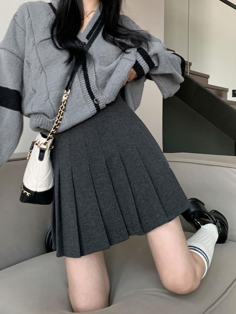 Sharphon Tweed Pleated Plus Size Mini Uniform Solid School with Sailor Suit Skirt, Size, Autumn/Winter, Thick, Lined, 38, Skirt, Knee-Length, Color,