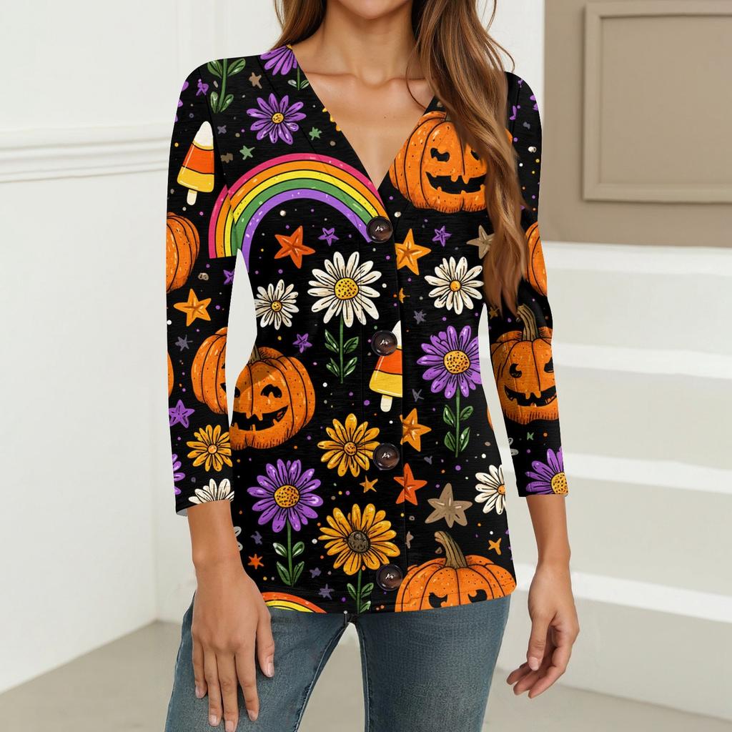 Women's Fashion Casual Print Button-down Shirt 3/4 Long Sleeve Tops