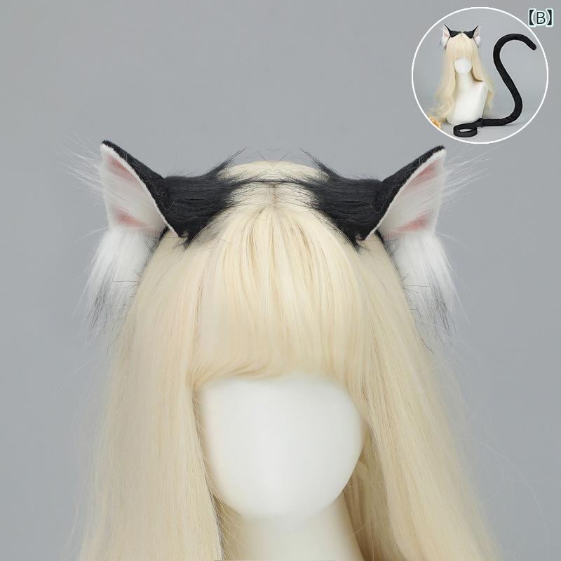 Cat ear headband beast ears fake fur fluffy handmade cosplay accessory anime event Halloween headdress adult tail full set.