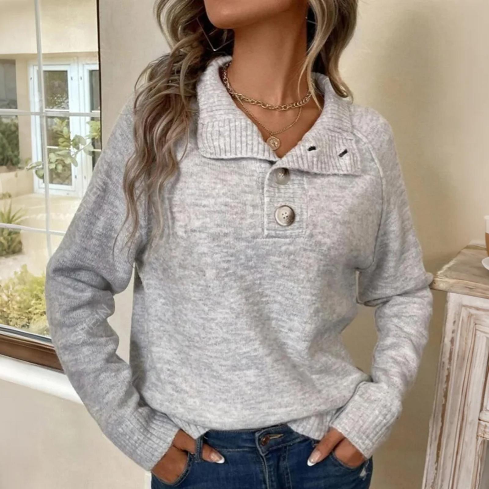 

Ladies Casual Stand Up Collar Knitted Sweater, Solid Color Button Casual Loose Sweater M