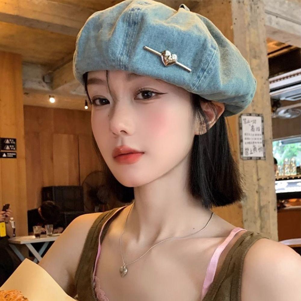 Brimless Design Painter Hat Adjustable Washed Denim Octagonal Hat Casual Beret Hat  for Women Girls