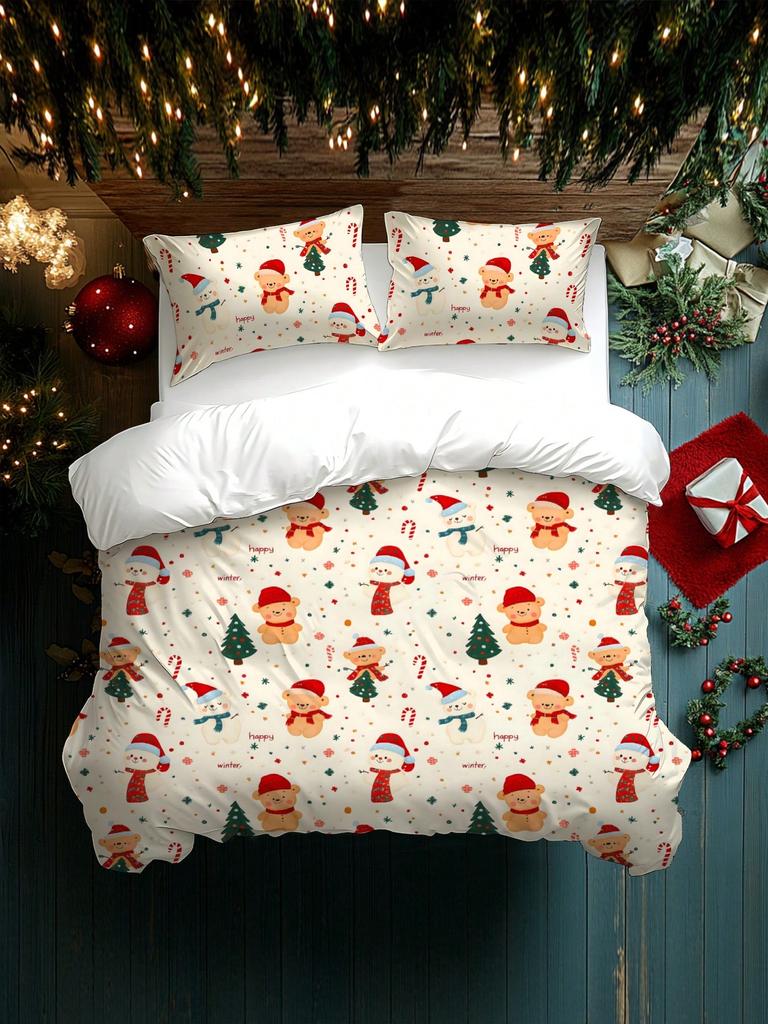2/3pcs Christmas Tree, Gift, Snowflake, Deer, Santa Claus Pattern Digital Printing Brushed Duvet Cover Set, Soft & Comfortable
