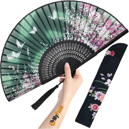 Hand Fan for Women Foldable - Folding Chinese Japanese Vintage Bamboo Silk Fan - Ideal for Hot Flashes, Church, EDM, Festivals, Dancing and Gifts