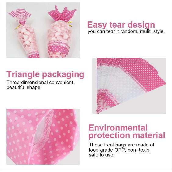 FTVOGUE 50 Piece Clear Cone-Shaped Treat Popcorn Bags Treat Bags Cellophane Candy Bags with Twist Ties(Pink)