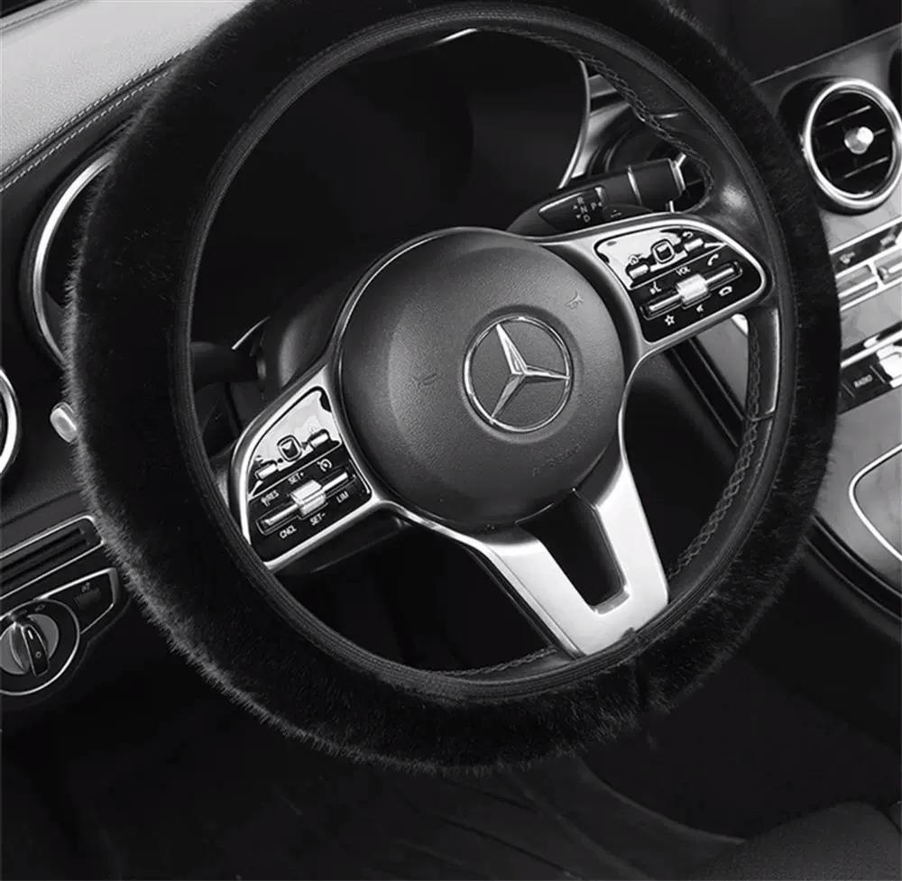 Plush Heated Steering Wheel Cover for Winter - Fits Tesla Y & Volkswagen, D-Shaped
