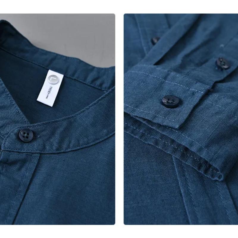 Einfacher Stil Baumwolle Leinen Hemden für Herren Frühling Sommer Täglich Lässig Langarmhemd Tasche Stehkragen Einfarbiges Hemd Strand Atmungsaktiv Herren Top