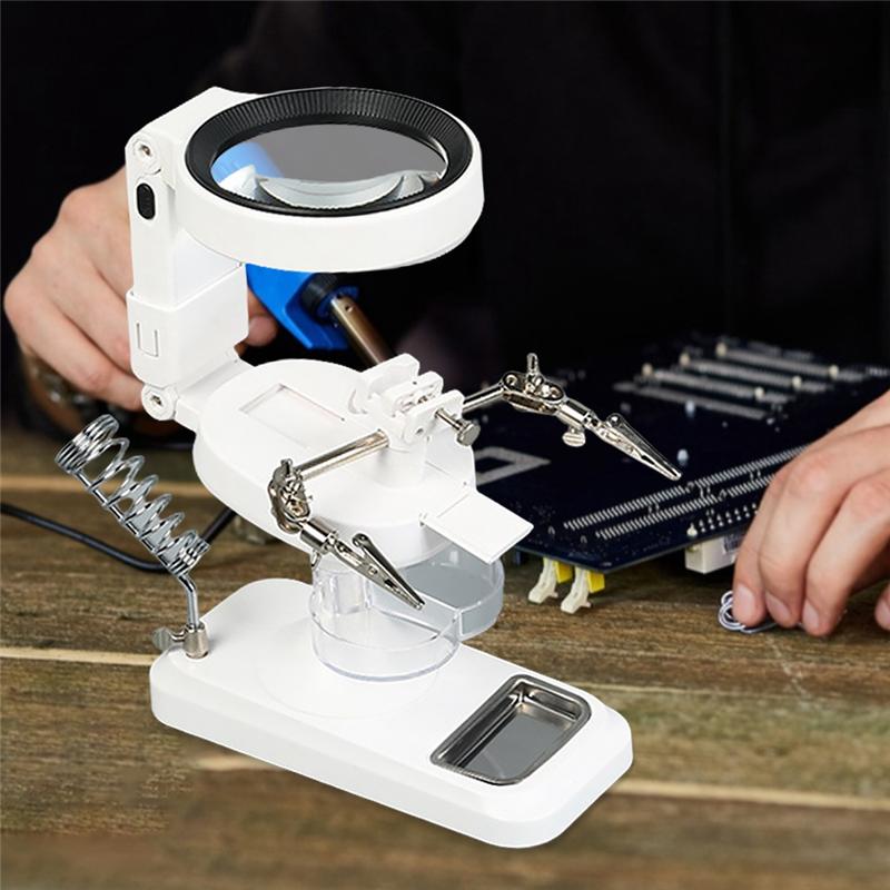 

A84E-Battery Powered LED Lighted Magnifier With Iron Bracket& Auxiliary Clip Adjustable Loupe Glass For Maintenance Work чорний