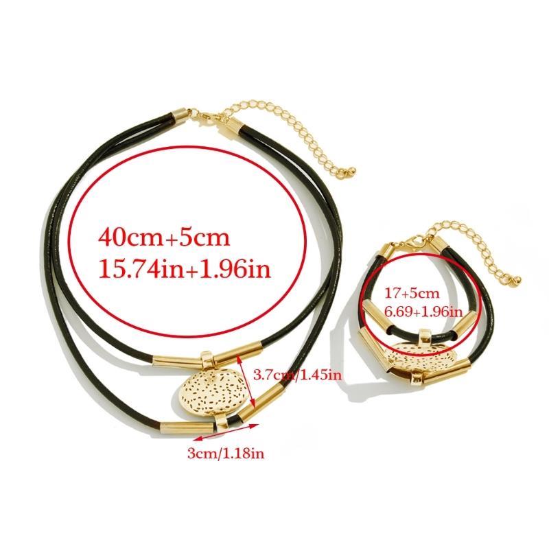Bohemian Necklace Bracelet Set Vintage Multi Layer PU Leather Rope and Oval Metal Pendant Jewelry Accessories for Women