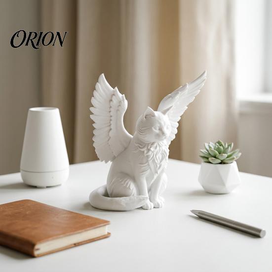 Desktop Commemorative Gift Angel Cat Desk Ornament, Matte White 3D Printing Figurine, Minimalist Statues Winged Sculpture for Home Office Shelf
