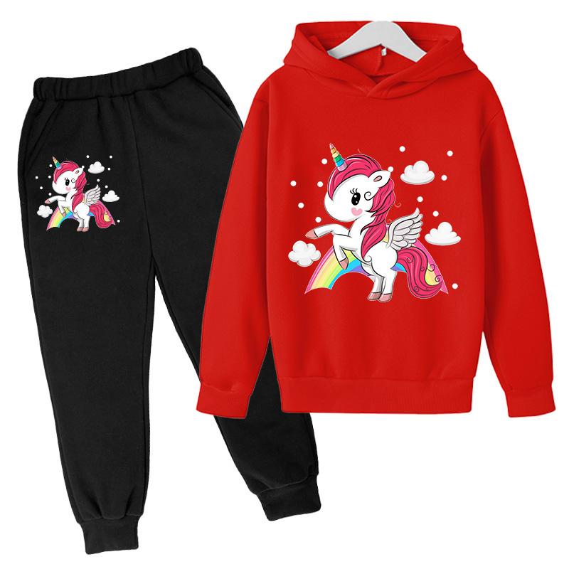 Girls' Hoodie Set Casual Sports Hoodie Set Cartoon Unicorn Print Spring and Autumn CuHK Children Long-sleeved Two-piece Set