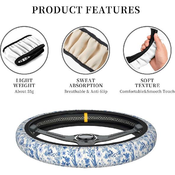 Blue Floral Steering Wheel Cover For Women & Men – Universal 15 Inch Car Accessories, Non-Slip & Stylish Design, Fits Most Cars, SUVs, And Auto