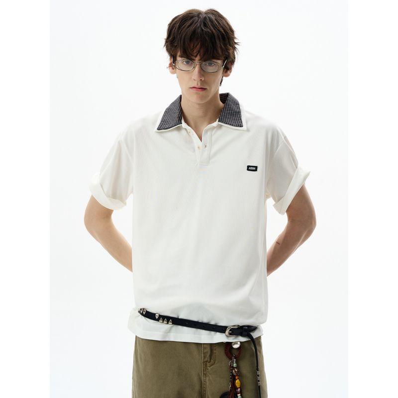 Madwitch American Retro Spliced Double-Collar Polo Short-Sleeved T-Shirt for Men and Women, Loose Casual Contrasting Color Couple Tops