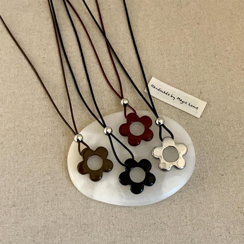 Delicate Long Leather Cord Necklace with Intricate Flower Charm Ideal for Fashion Forward Women Seeking Unique Accessories