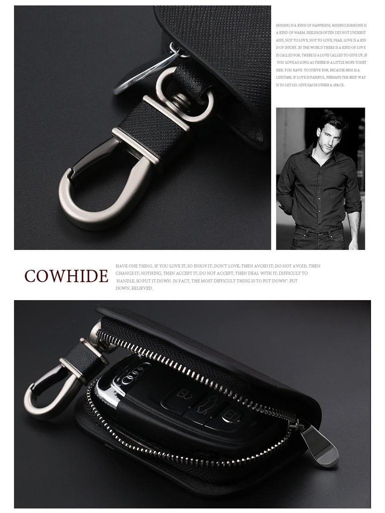 Men's Universal Cowhide Car Key Case with Waist-Mounted Zipper