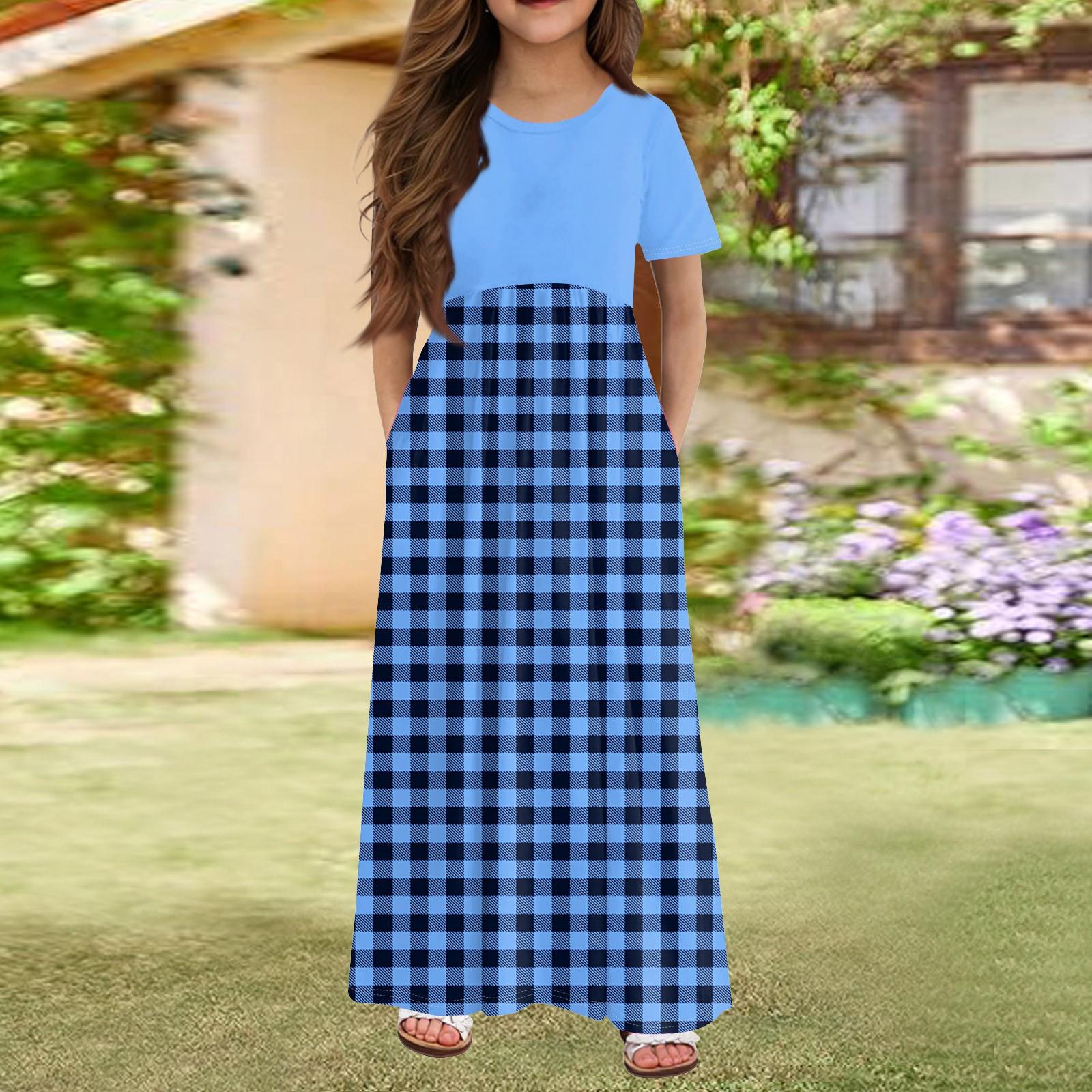 

Длинное летнее платье для девочек - платье макси с короткими рукавами и карманами для детей 4-14 лет 140 синий