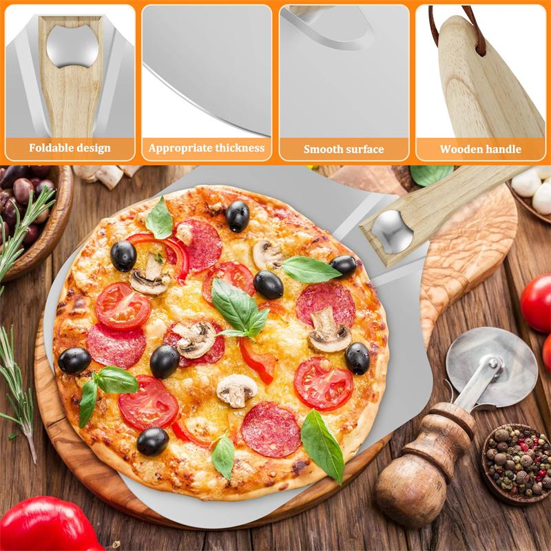Aluminum Metal Pizza Shovel Spatula with Foldable Wooden Handle Nonstick Oven Cake Lifter Transfer Tray Baking Homemade Bread
