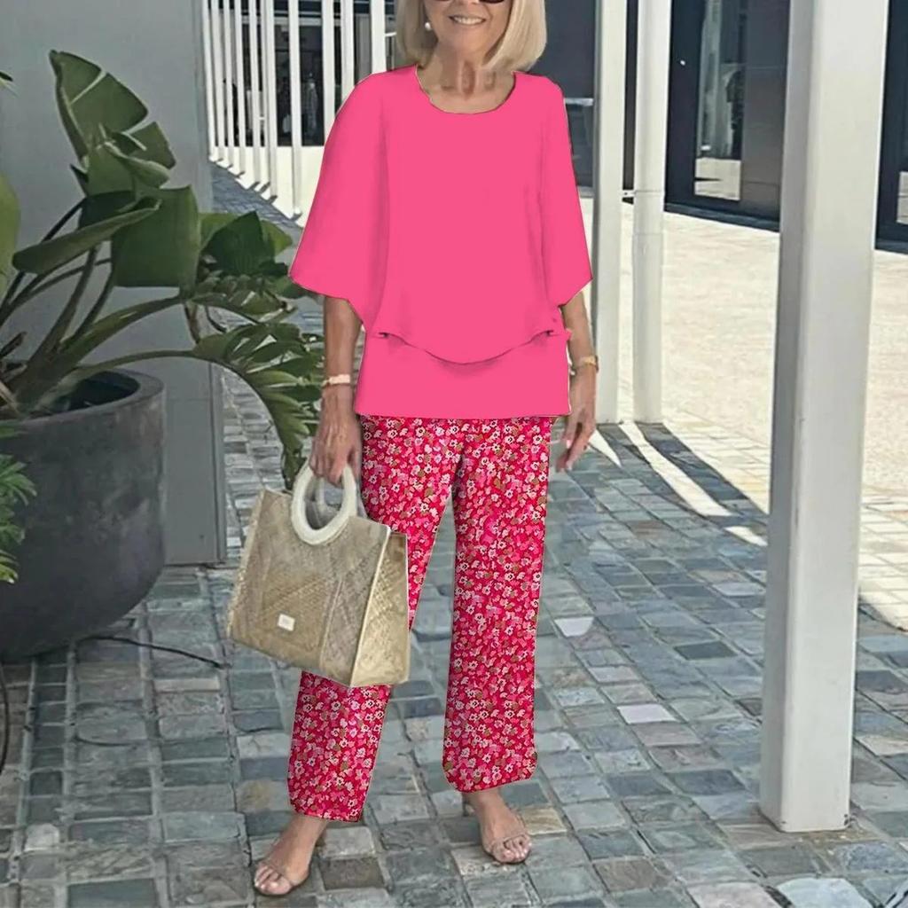 Women's Green Loose Fit Top with Leaf Print Pants Set, Casual Summer Outfit with Straw Bag