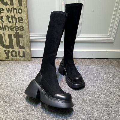 2025 European Station Autumn and Winter New Muffin Thick-soled Thick Heel Heel Heightened and Thin Elastic Boots High Boots Martin Boots