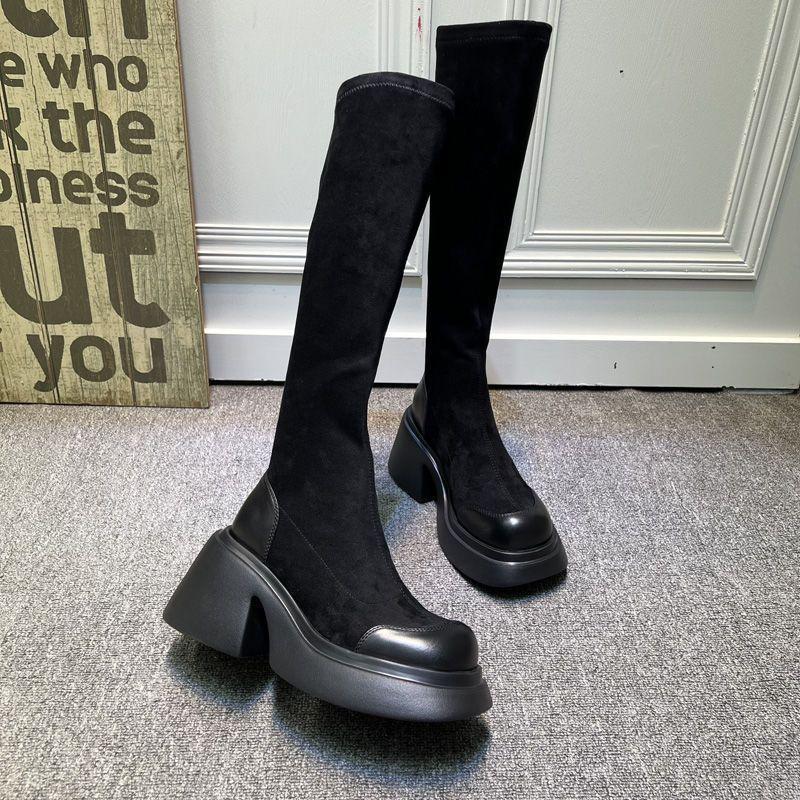 2025 European Station Autumn and Winter New Muffin Thick-soled Thick Heel Heel Heightened and Thin Elastic Boots High Boots Martin Boots