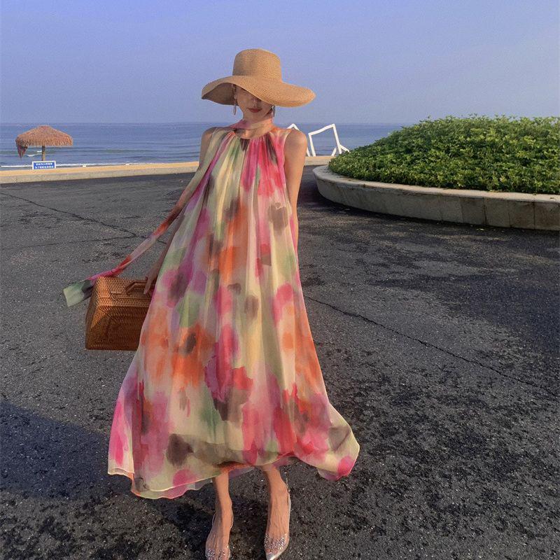 High-End Ombre Halter Sleeveless Long Dress - Elegant Beach Vacation Style