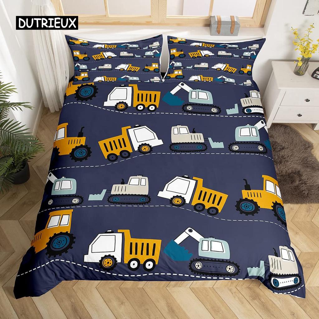 Kids Equipment Trucks Duvet Cover King Boys Cartoon Car Excavator Tractor Bedding Set Construction Highway Comforter Cover Set