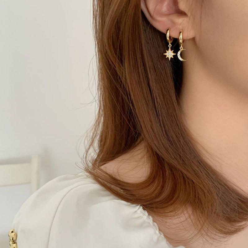 S925 Silver Star & Moon Asymmetrical Earrings - Niche Design with Eight-Point Star Studs for Women