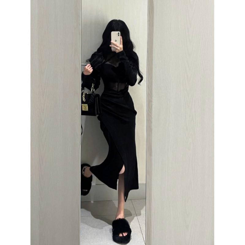 Elegant Sheer Mesh Bodycon Dress Women 2025 Long Sleeve Round Neck Short Skirt Sexy Chic Office To Night Out