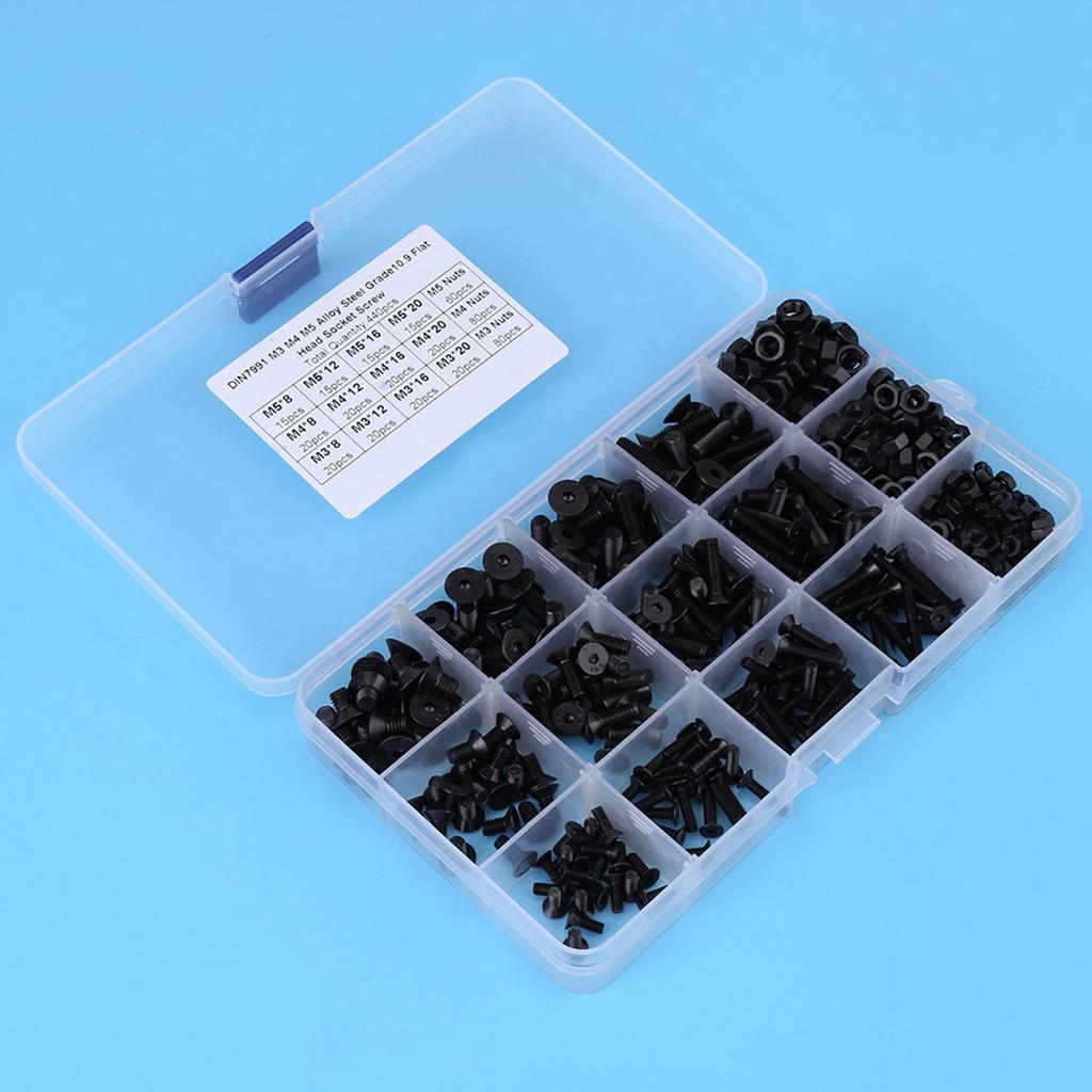 440pcs Alloy Steel M3 M4 M5 Hex Socket Flat Head Screw Nut with Plastic Case