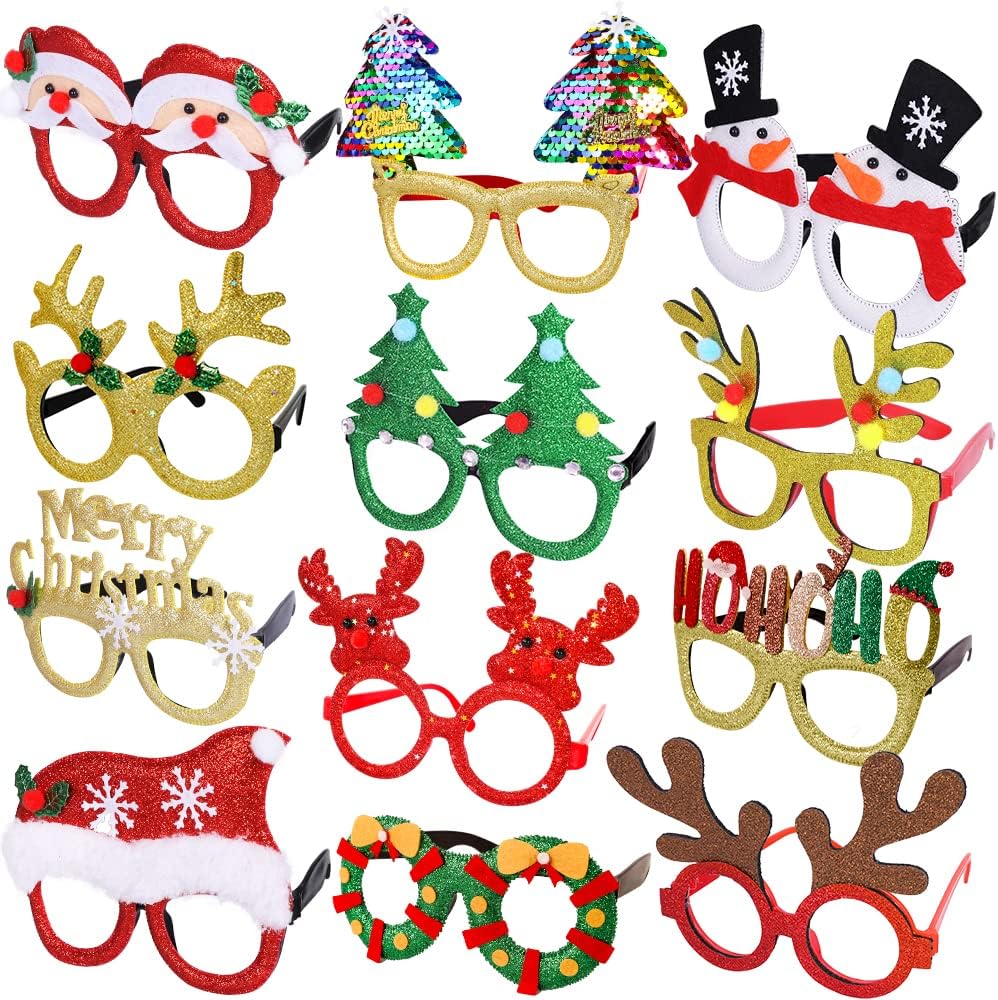 Christmas Glasses Glitter Holiday Party Glasses Frames Christmas Decoration Accessories Costume Eyeglasses for Christmas Parties (One Size Fits All)