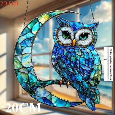 Pingente plano 2D de coruja lua, adequado para carro, parede, jardim, varanda, quarto, escritório, decoração de pátio ao ar livre\