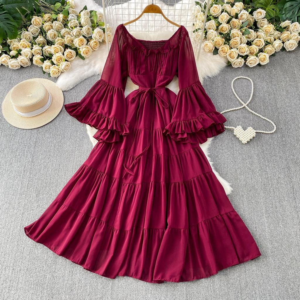 French Vacation Sexy One-word Shoulder Horn Sleeve Dress Women's Summer Senior Feeling Waist Thin Ruffle Edge Dress