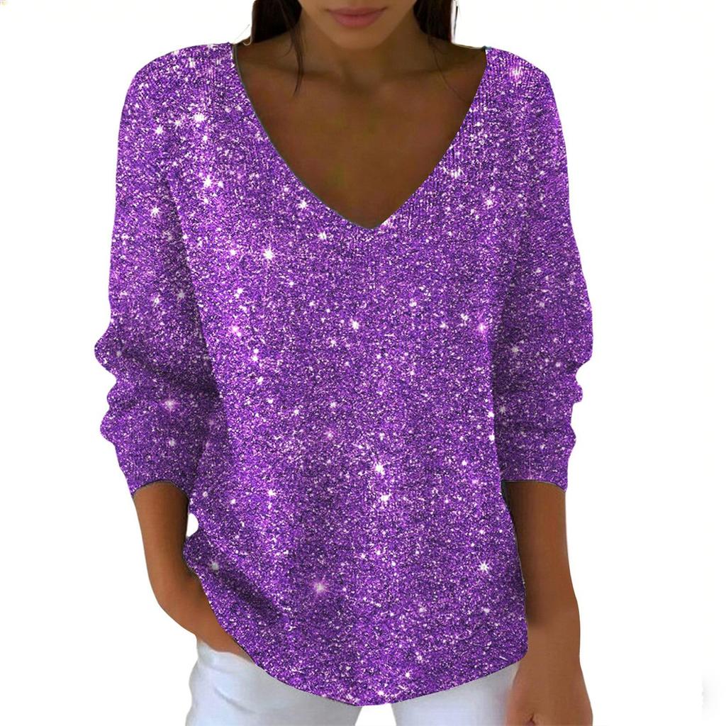 Women's Casual Daily Long-Sleeved V-Neck Faux Sweater Knitted Pullover Top With Sequins