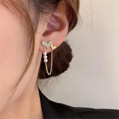 Korean Diamond-encrusted Heart Pearl Tassel Earrings Light Luxury Temperament Niche Design Sense Earrings