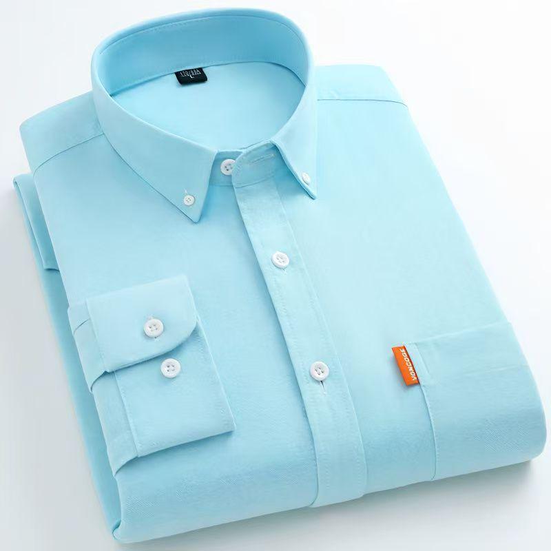 Men's Versatile Long-Sleeve Cotton Oxford Shirt - Solid Color for Spring & Autumn Business Casual