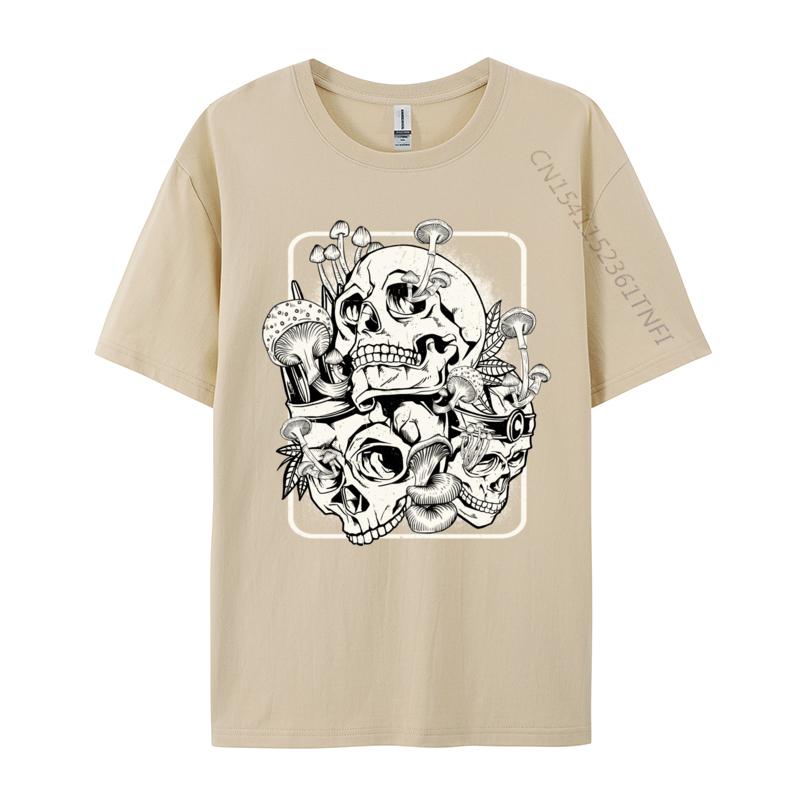 Skull Morel Mushrooms Mycologist Goth Mushroom Art T Shirts Men Normal Clothes T-Shirt Round Neck Pure Cotton