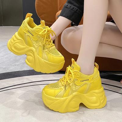 8.5CM Women Summer Hollow Breathable Mesh Chunky Sneakers Microfiber Leather Comfy Casual Dad Shoes Female Platform Sports Shoes