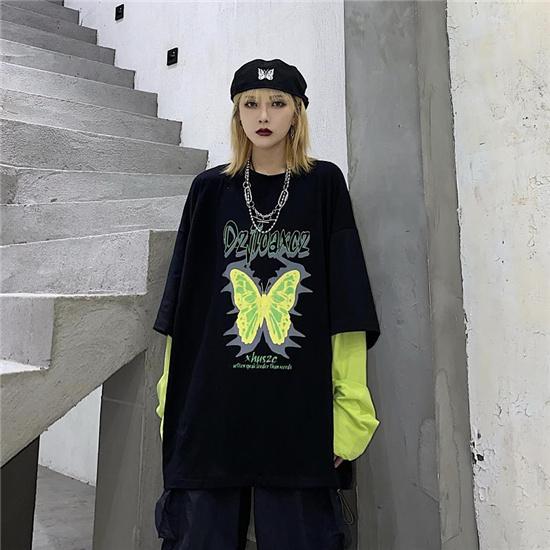 Oversized løs Lang T Harajuku Fake Todelt Langermet T-skjorte Personlighet Trend Butterfly Lang T Punk Harlan Style Klær
