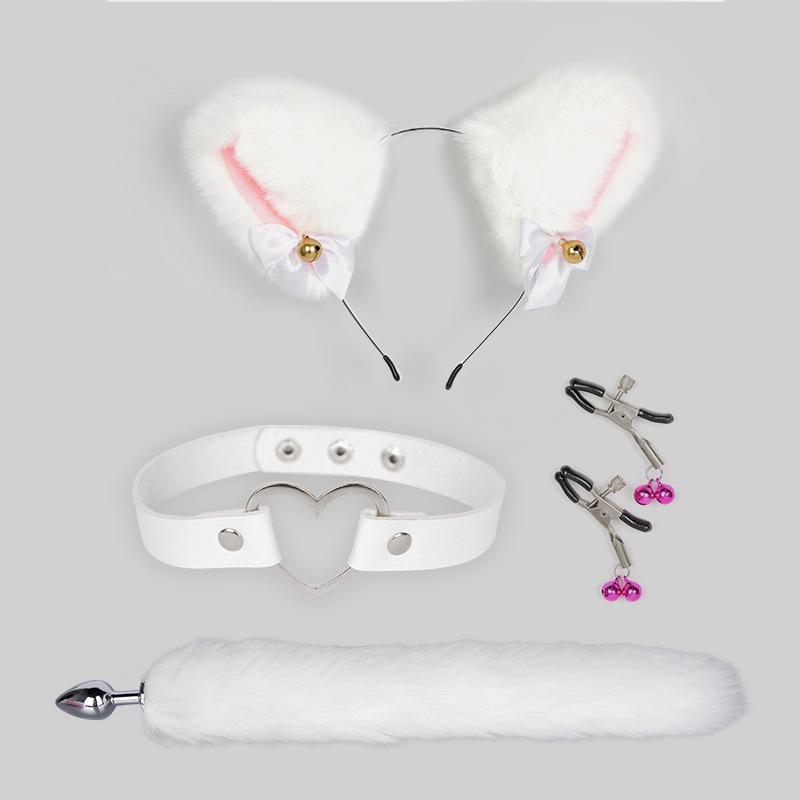 Bondage Katzenanzug mit Schwanz Analplug, Halsband & Knebel